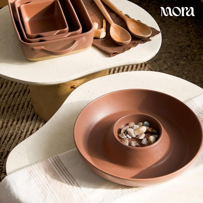Mora Ceramic Chips and Dip Serving Tray: Large Divided Party Bowl Set for Chips & Salsa, Veggies & Dip, Fruit, Snacks, Entertaining, Hosting, etc. Minimalist Design for the Modern Hostess - Terracotta - Image 7