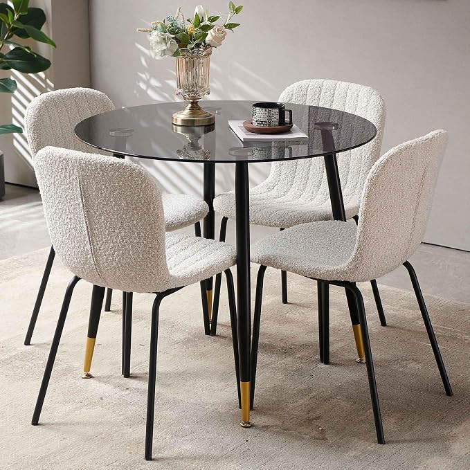 Dining Chair Set of 4, Boucle Kitchen Chairs for Small Spaces, White | Black Metal Legs, Curved Backrest, Fabric Upholstered, Modern Comfort for Dining Room, Space-saving, Restaurant & Cafe - Image 7