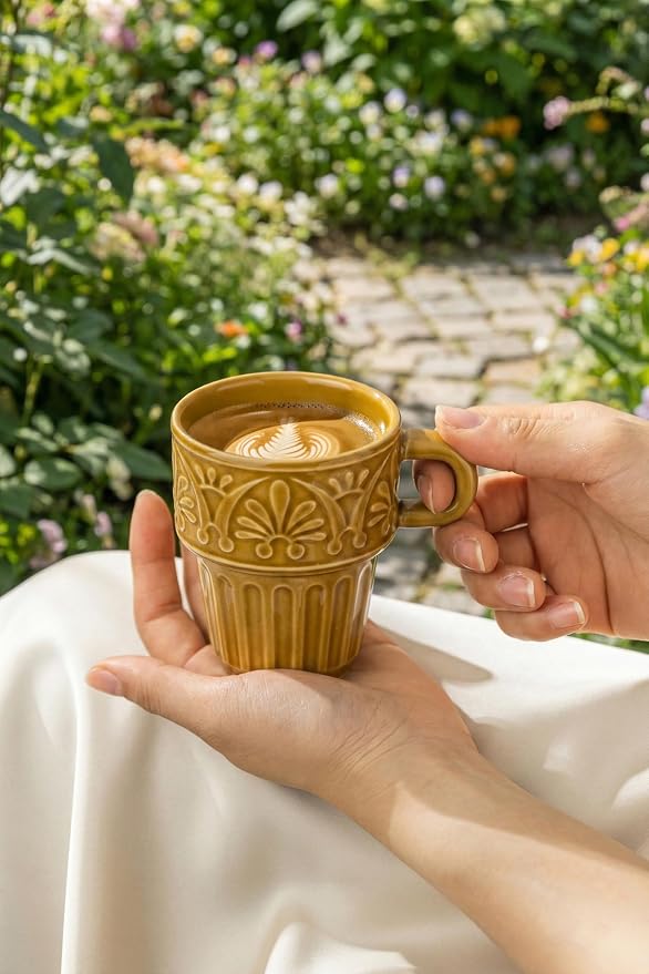 Cappuccino Cups, Espresso Cups, Stackable Mug Set of 6, Ceramic Coffee Mug 6 OZ Khaki for Hot Drinks Milk Dessert, Suitable for Home office Restaurant, Perfect for Holiday & Housewarming Present - Image 8