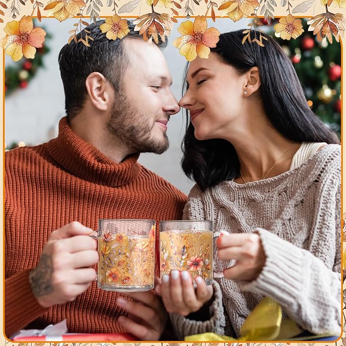 Tioncy 4 Pcs Fall Floral Coffee Mugs 12 oz Flower Glass Cups with Handle Thanksgiving Floral Coffee Cup Autumn Mug Sweet Fall Gifts Drinking Containers for Harvest Holiday Party (Wildflower) - Image 4