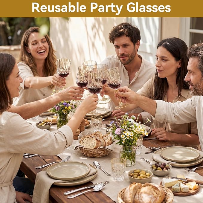Sliner 48 Pcs 7oz Plastic Vintage Wine Glasses Drinking Goblets Unbreakable Crystal Water Glassware Reusable Diamond Champagne Flutes Cups for Wedding Banquet Birthday Party Supplies (Gold Glitter) - Image 5