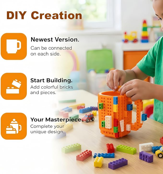 Lumsburry Build-on Brick Coffee Mug, Funny DIY Unique Novelty Drinking Cup | Building Blocks Creative Mug, for Men Women Kids Dad Mom, Present Exchange Ideas, Xmas Birthday White Elephant(Orange) - Image 5