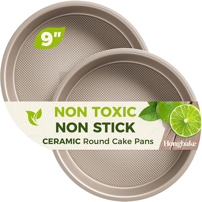 Ceramic Nonstick 9” Round Cake Pans, Heavy-Duty Aluminized Steel | Non-Toxic 9 Inch Round Cake with Diamond Texture, Cake Pans 9 Inch Round for Baking Cheesecake, Cream, 2-Pack by HONGBAKE