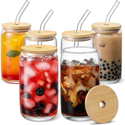 [ 6pcs Set ] Glass Cups with Bamboo Lids and Glass Straw - Beer Shaped Drinking Glasses, 16 oz Iced Coffee Glasses, Cute Tumbler Cup for Smoothie, Boba Tea, Whiskey, Water - 2 Cleaning Brushes by VITEVER