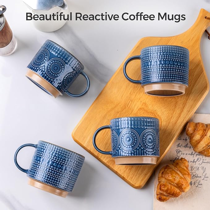 GBhome 16OZ Stackable Coffee Mugs, Ceramic Coffee Mugs with Texture Patterns for Man,Woman,Dad,Mom, Modern Coffee Mugs Set of 4 for Latte/Cappuccino/Cocoa. Dishwasher&Microwave Safe - Image 4