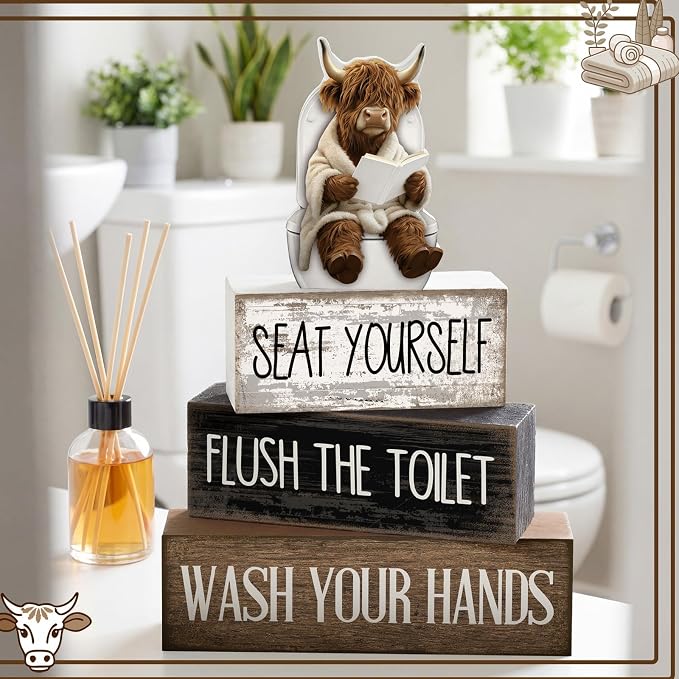 Moucuny 4 Pcs Highland Cow Bathroom Decor Set Funny Rustic Wooden Tiered Tray Signs with Highland Cow Toilet Figurine, Farmhouse Bathroom Shelf Decor, Etiquette Reminders for Restroom Toilet Vanity - Image 2