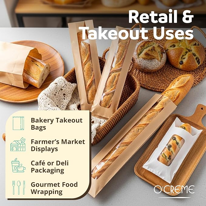 O’Creme 50 Pack Baguette Brown Paper Bag w/Clear Front Window, Bakery Storage Bags for Homemade and Long French Bread (23”x4”) Includes 50pcs Seal Stickers - Image 7