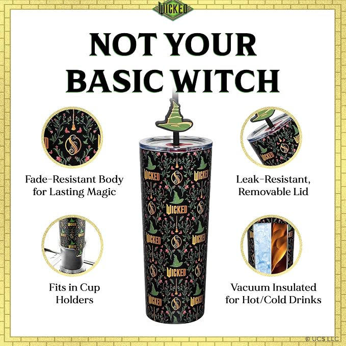 Dragon Glassware x Wicked Stainless Steel Tumbler, 24 oz - Enchanted | Vacuum Insulated Wicked Cup with Lid & Straw For Water & Iced Tea; With Straw Charm; Official Wicked Merch - Image 5