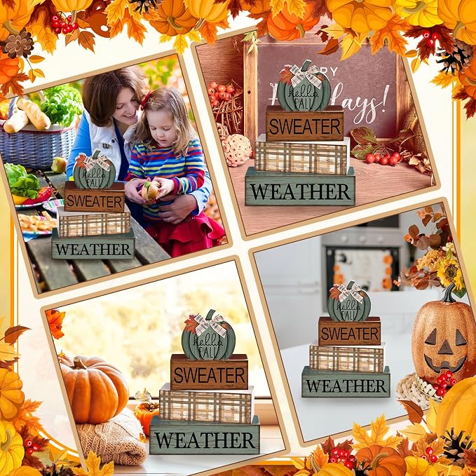Moucuny 4 Pcs Thanksgiving Pumpkin Decor Fall Decorations for Home Thanksgiving Table Centerpiece Pumpkin Tiered Tray Decor Rustic Decorative Block Signs Farmhouse for Harvest Party Table Kitchen Home - Image 5