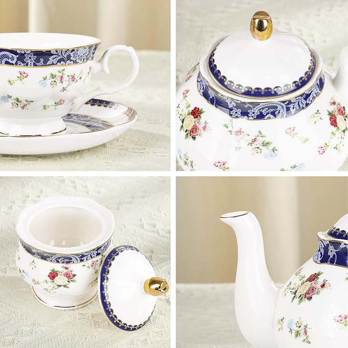 fanquare Bone China Tea Sets for Adults, 21-Piece Blue Lace and Roses Porcelain Tea Service with Sugar Bowl & Creamer, English Cremic Floral Teacups Set of 6 for Women Tea Party | Porcelain Tea Service with Sugar Bowl and Creamer, English Floral Cerami... - Image 3
