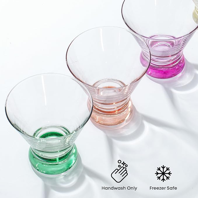 JoyJolt Hue 7.5oz Martini Glasses, Cocktail Glassware Set of 6, Colored Glass Base, Stemless Drinking Glasses for Margarita, Bar, Shrimp Cocktail, Juice - Image 7