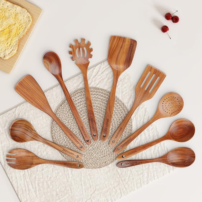 Mooues Wooden Spoons for Cooking, Wooden Utensils for Cooking Natural Teak Wooden Kitchen Utensils Set Comfort Grip (10 PCS SET) | Wooden Spoons for Cooking with Comfort Grip, Smooth Durable Heat Resistant Cooking Spoons and Cooking Utensils for Cooking - Image 6