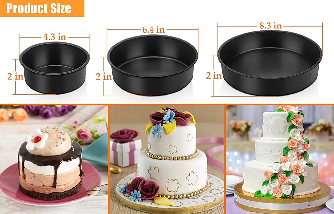 TeamFar Cake Pan, 4''/6''/8'' Stainless Steel Round Baking Tier Cake Pans | with Non-Stick Coating Stainless Steel Core, for Steaming Serving, Healthy & Heavy-Duty, Easy Release & Clean, Set of 3 - Image 2