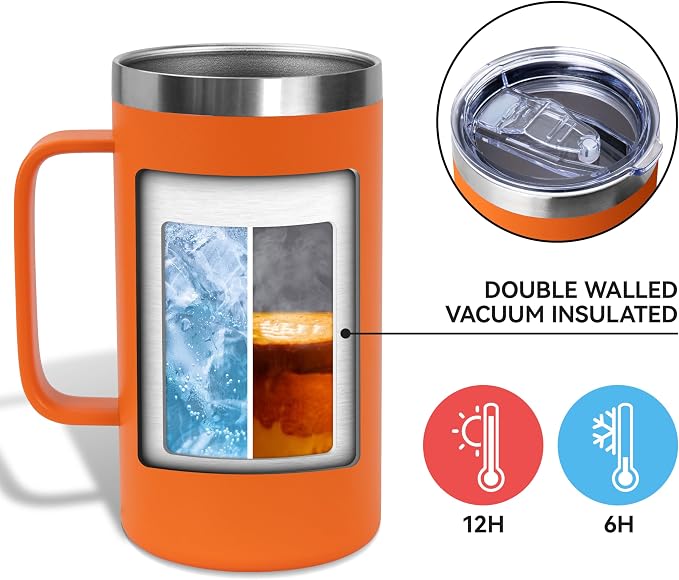 DOMICARE 24oz Mug with Handle and Lid, Stainless Steel Coffee Mug, Travel Mug with Handle, Double Wall Vacuum Coffee Tumbler, Reusable Insulated Cup, Orange, Pack 4 - Image 3