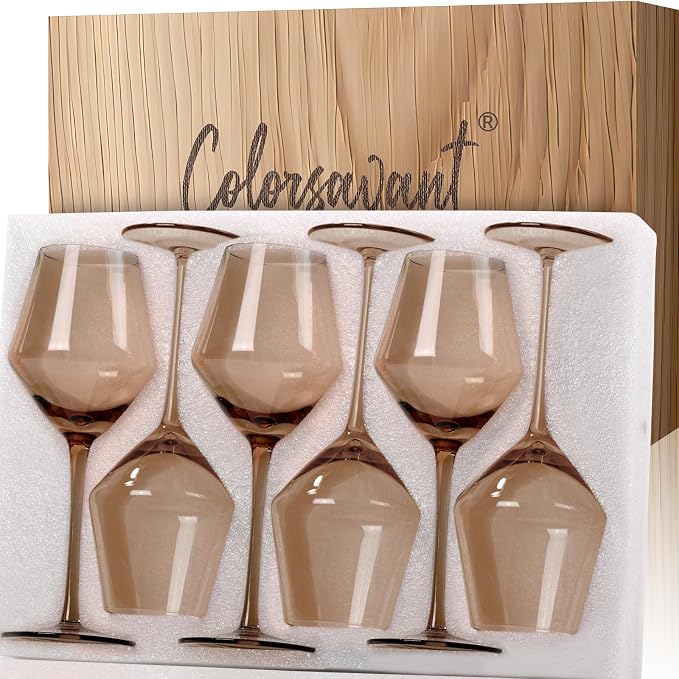 Smokey Sand Wine Glasses Set 6-16oz, Long Stem, Universal Size for White and Red Wine - Hand Blown Smoky Amber Brown Neutral Stemware for Home,Party by Colorsavant