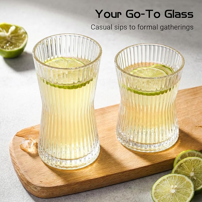 JOVGANK Drinking Glasses Set of 8 – Lead-Free Crystal Glassware, 4 Tall 10oz & 4 Short 8.5oz Vintage Ribbed Tumbler Glasses, Dishwasher Safe, for Juice Beer Cocktails, Great Housewarming Gift, Set B - Image 5