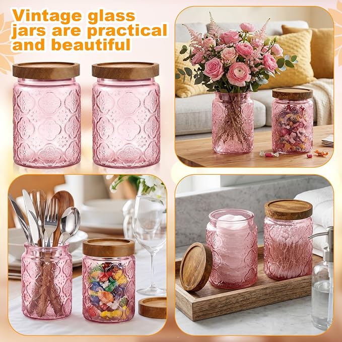 LemonRoad 2 Pcs Vintage Pink Glass Storage Jars 23.7 oz Mason Jar Canister with Wood Lids Food Storage Container for Cookie, Pantry, Candy Kitchen, Coffee, Tea, Flour, Sugar, Decorative Home Decor - Image 6