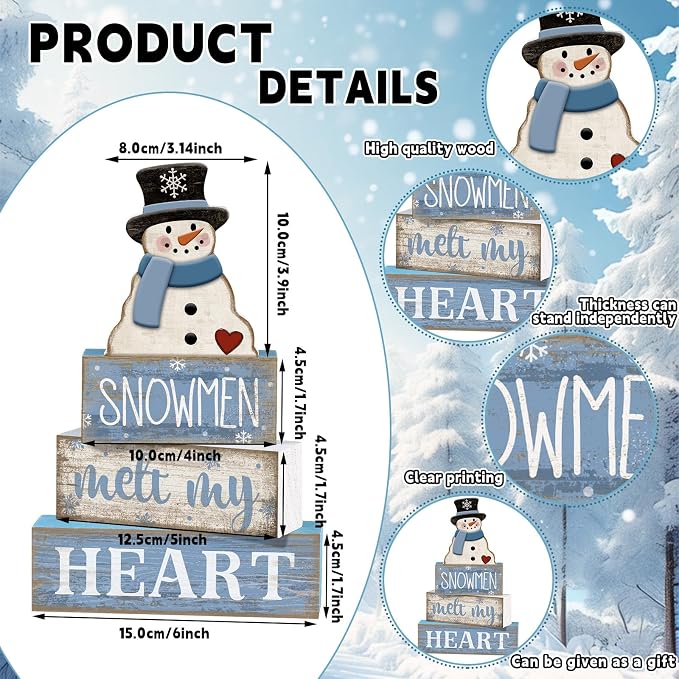Moucuny 4 Pcs Winter Table Decorations Blue and White Snowman Decor Winter Tiered Tray Decor Valentines Day Centerpiece Rustic Decorative Hat Snowman Block Signs Gift Farmhouse for Home Kitchen Shelf - Image 4