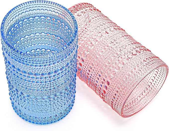 ZOOFOX Set of 6 Vintage Drinking Glasses, 12 Oz Colored Hobnail Glasses Tumbler, Embossed Design Glass Tumblers Set for Water, Beverages, Juice, Beer, Cocktail, Whiskey, Milk - Image 3