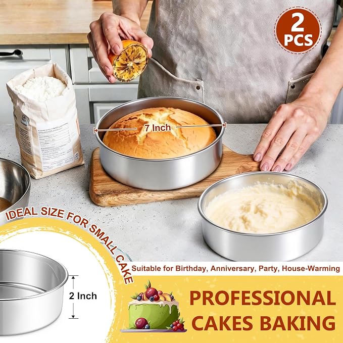 P&P CHEF 7 Inch Cake Pan Set of 2, Stainless Steel Round Cake Baking Pan | Layer Cake Tin Bakeware for Cooking Steaming, Ideal for Birthday Wedding Anniversary, Fit for Home & Commercial Use - Image 2