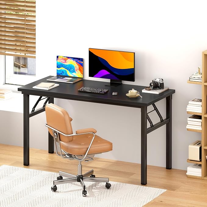 DlandHome 47 Inch Folding Computer Desk, Fully Assembled, Black | Foldable Writing Table, Portable Activity Conference Table for Home Office, Wood Top Metal Frame, Collapsible Easy Storage - Image 2