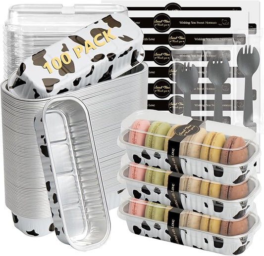 Ruckae 100 Pack Cow Print Mini Loaf Pans with Lids and Spoons Disposable Aluminum Tin Foil Pans Rectangle Mini Loaf Cake Pan for Baking,Party,Picnics,Gifts