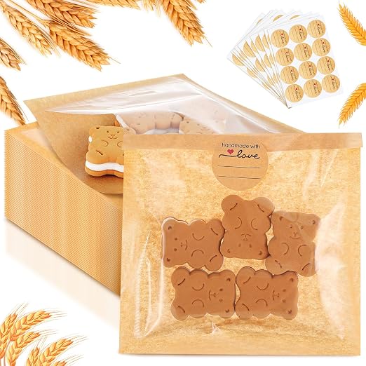 Outus 100 Pcs Cookie Packaging Bags with Seal, 6 x 6 Inch Bakery Pastry Bags with Window, Heat Sealable Grease Resistant Paper to Go Bake Sleeves for Gift Giving Donut Bread Sandwich (Brown) by Outus