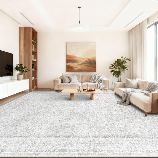10x14 Area Rugs for Living Room: Washable Large Vintage Floral Rug Low Pile Non-Slip Boho Carpet for Bedroom Home Office Dining Room (FloralGrey, 10'x14') by LOSBULAKE