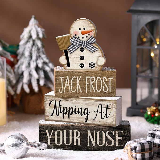 Moucuny 4 Pcs Christmas Table Decor Wooden Snowman Black and White Winter Tiered Tray Decor Rustic Decorative Snowman Block Sign Gifts Christmas Centerpiece Rustic Winter Decorations for Home Kitchen - Image 2