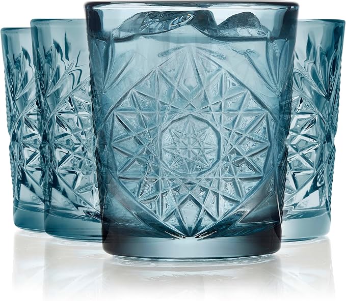Libbey Hobstar Double Old Fashioned Glasses, Blue Colored Cut Glass Drinking Glasses Set of 4, Durable, Vintage Whiskey Glasses for Cocktail, Drinks by Libbey
