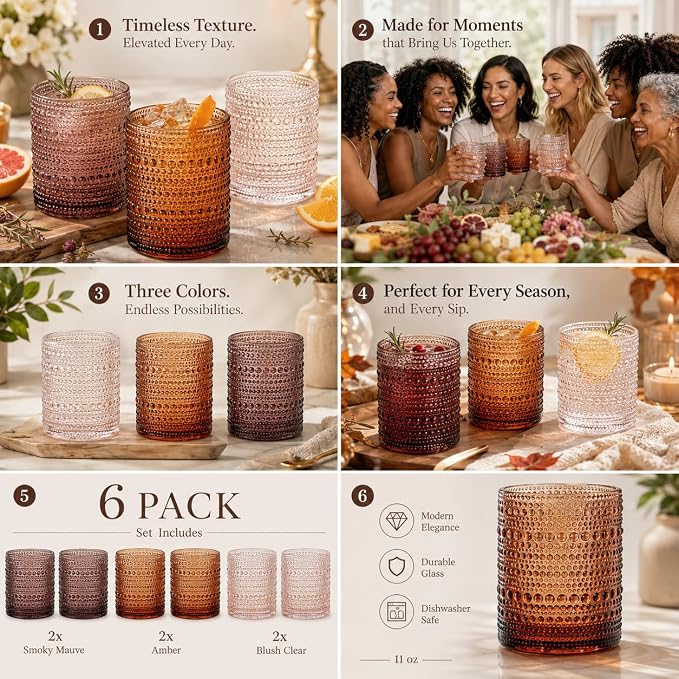Venus Amber Brown Hobnail Highball Glasses Vintage Tumblers Set of 6 11 oz | Vintage Beaded Design, Embossed Bubble Texture, Elegant Color, Timeless Drinkware for Home Bars, Parties, and Housewarmings - Image 5