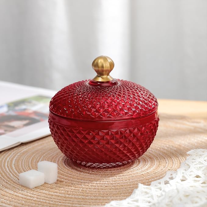 Joeyan 12 oz Small Red Glass Jewelry Box Jars with Lid,Embossed Glass Candy Dishes,Diamond Faceted Food Container,Decorative Apothecary Canisters,Colored Kitchen Bathroom Buffet Storage Organizer - Image 3