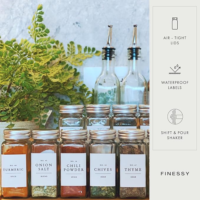 FINESSY Thick Glass Spice Jars With Metal Lids And Labels, 4oz 36 Pack | Empty Glass Spice Bottles With Airtight Metal Lids, Shaker Inserts, Waterproof Labels (200 Pre-Printed, 40 Blank) And Funnel - Image 6