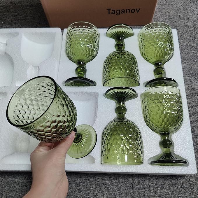 Taganov Green Wine Glass Water Goblets Vintage Glassware set of 6 Colored Stemware 13.5 oz for Wedding Party Bar Housewarming Gift - Image 2