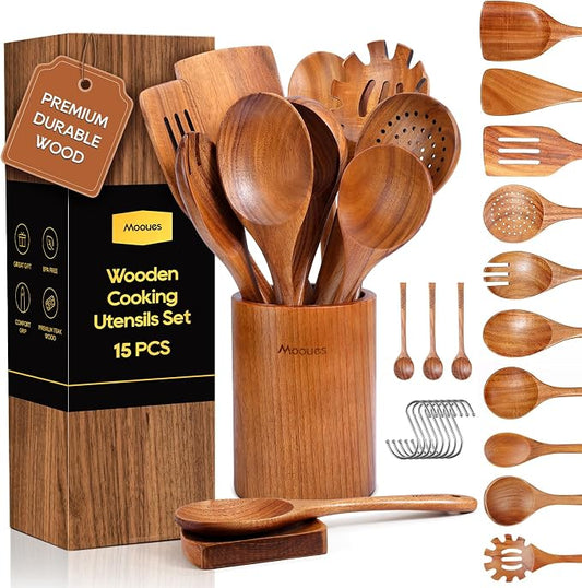 Mooues Wooden Kitchen Utensil Set, 15 Piece Natural Teak with Spoon Rest | Wooden Cooking Utensils with Comfort Grip, Smooth Durable Heat Resistant Cooking Spoons and Utensils Holder for Cooking by Mooues