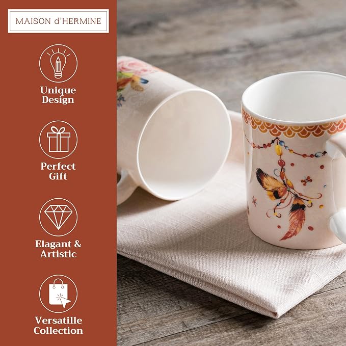 Maison d' Hermine Coffee Mug with Handles Tea Cups (15 Ounce, Pack of 2) | Fine Bone China Coffee Mugs for Hot Beverages Cappuccino Latte Home Restaurant Hotel Spring Summer -Ibiza - Beige - Image 2