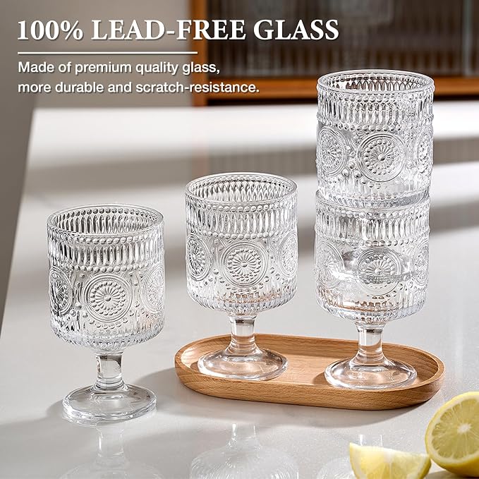 6 Packs Vintage Goblet Glasses, 8 oz Wine Glasses, Embossed Floral Glass Cups Set, Clear Drink Glasses, Drinking Goblets, Bar Tumbler Glassware for Iced Tea, Wine, Beer, Juice, Cocktail, Whiskey - Image 5