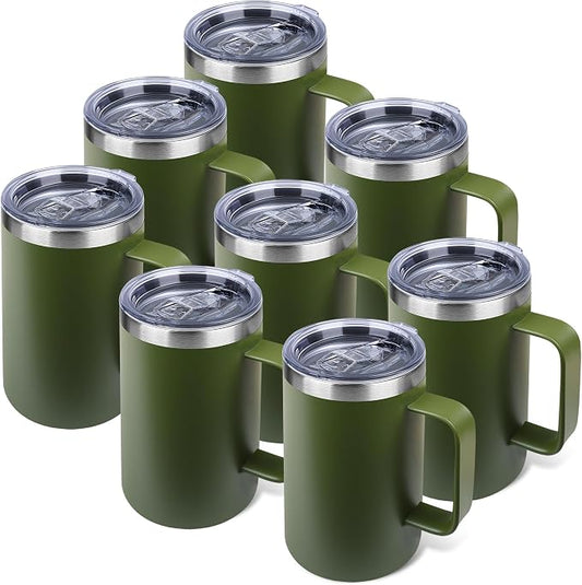 22oz Insulated Coffee Mug with Handle & Leak-Proof Lid - Double Wall Stainless Steel Travel Tumbler Bulk for Commute/Office/Home, Army Green, 8 Pack by Unknown