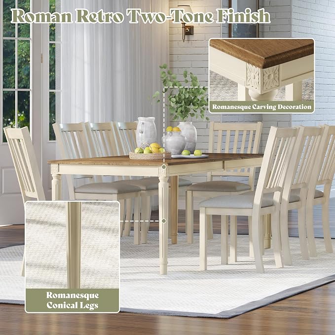 AMERLIFE 9 Piece Farmhouse Dining Table Set with 79" Table, Cream | Solid Rubberwood Frame, 8 Chairs Included, Farmhouse Design, Upholstered Seating, Rustic Cream Finish - Image 5