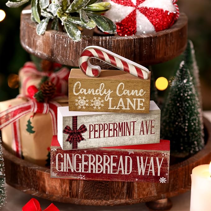 Moucuny 4 Pcs Christmas Table Decor Wooden Candy Cane Decoration Christmas Centerpiece Winter Tiered Tray Decor Red and White Stripes Candy Cane Block Signs Gift Farmhouse Xmas Decoration for Kitchen - Image 2