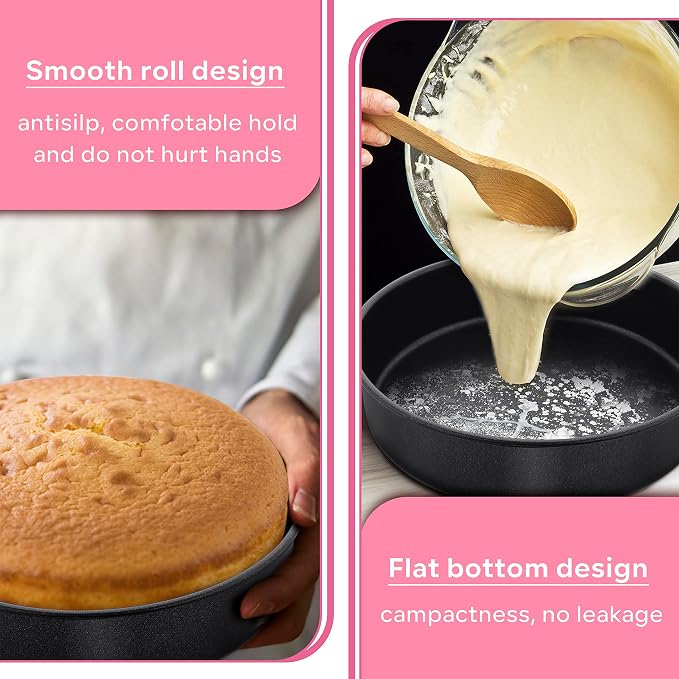 Herogo 8 Inch Cake Pan Set of 2, Stainless Steel Black Nonstick 3'' Deep Round Baking Pan, for Birthday Wedding Layer Cake Bakeware, Non Toxic, Oven & Dishwasher Safe - Image 4