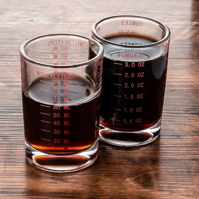 GLASKEY 2 Pack Shot Glass Measuring Cup Set,3 oz/90ml Liquid Heavy High Espresso Glass Cup,Dishwasher Safe,Measurement of Dry and Liquid Ingredients(Red)