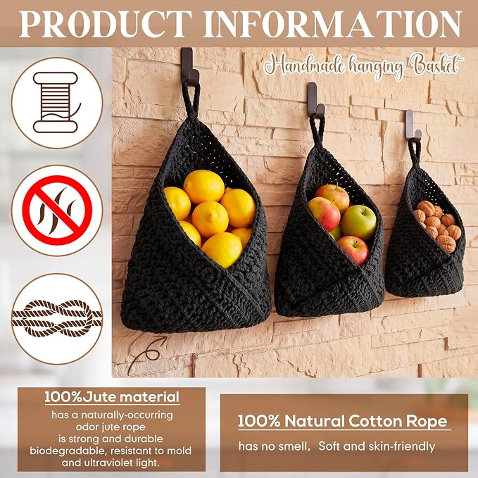 Honeydak Boho Decor Hanging Wall Baskets for Kitchen 3 Pack Teardrop Baskets with Hooks Storage Fruit Onion Vegetable Potato for Home 3 Sizes(Black,Triangle,Cotton Rope) - Image 5