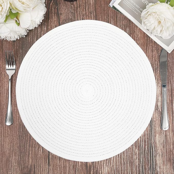 SHACOS Round Braided Placemats Set of 6 Round Table Mats for Dining Table 15 inch Washable Cotton Polyester Place Mat (White, 6) - Image 2