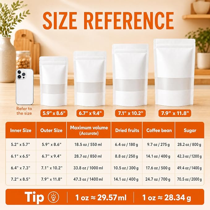 100 Pcs White Kraft Paper Bags with Window, 5.9" x 8.6" Stand Up Pouches Bags, Food Storage Bags for Packaging Products, Reusable, Sealable - Image 2