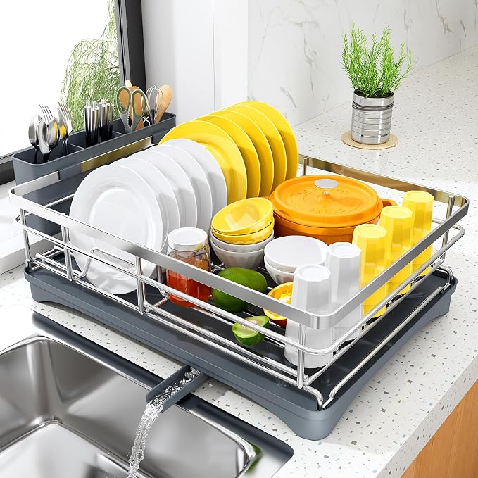 SNTD Dish Drying Rack for Kitchen Counter, 11.8" W x 16.7" L, Silver | Rustproof Stainless Steel, Large Capacity, Self-Draining Drainboard, Rotating Spout, Removable Utensil Holder by SNTD