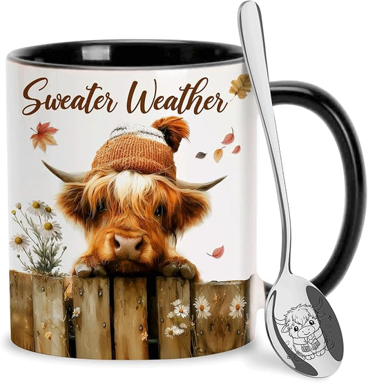 Hyturtle Fall Highland Cow Mug with Spoon Gifts for Cow Lovers on Birthday | Autumn Decor Gifts For Farmhouse Thanksgiving, Premium 11oz ceramic mug, Vivid double-sided cow print, Comfort grip handle by Hyturtle