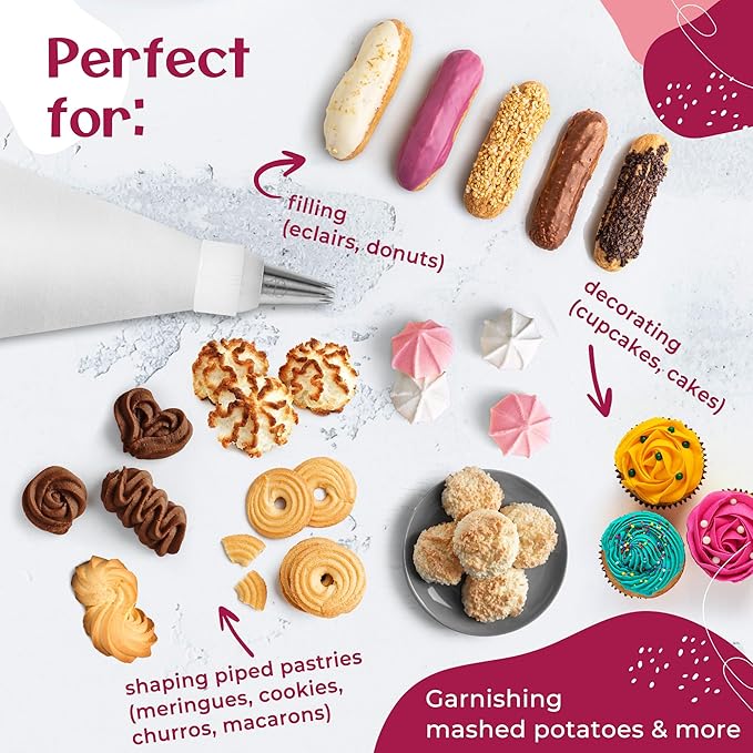 Professional Baking Piping Bags and Tips Set - Cotton Reusable Piping Bag 14" with 8 Stainless Steel Large Pastry Tips for Cake Decorating - Cupcake Kit with Icing Bag and Nozzles