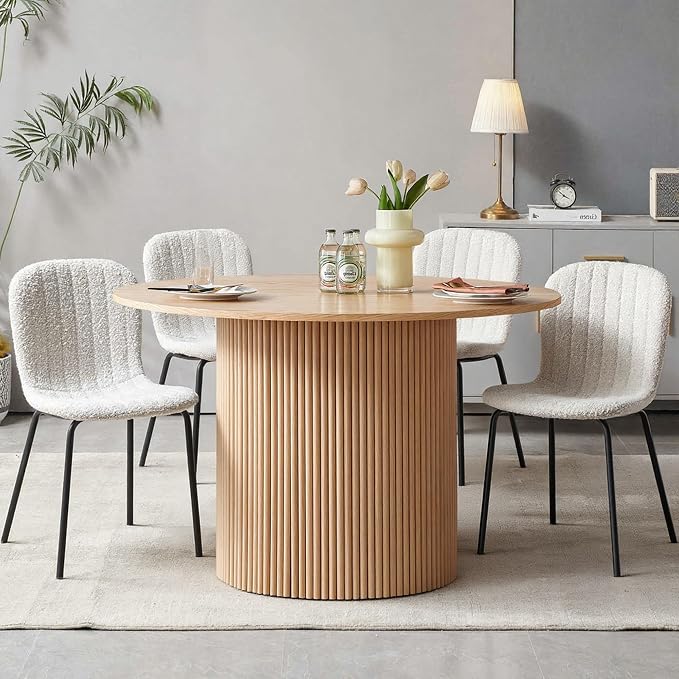 5 Piece Round Dining Table Set for 4, Mid Century Modern Wooden Kitchen Table and Chairs, Space-Saving Small Dinette Set (47 Inch Oak Table+4 White Chairs) - Image 4