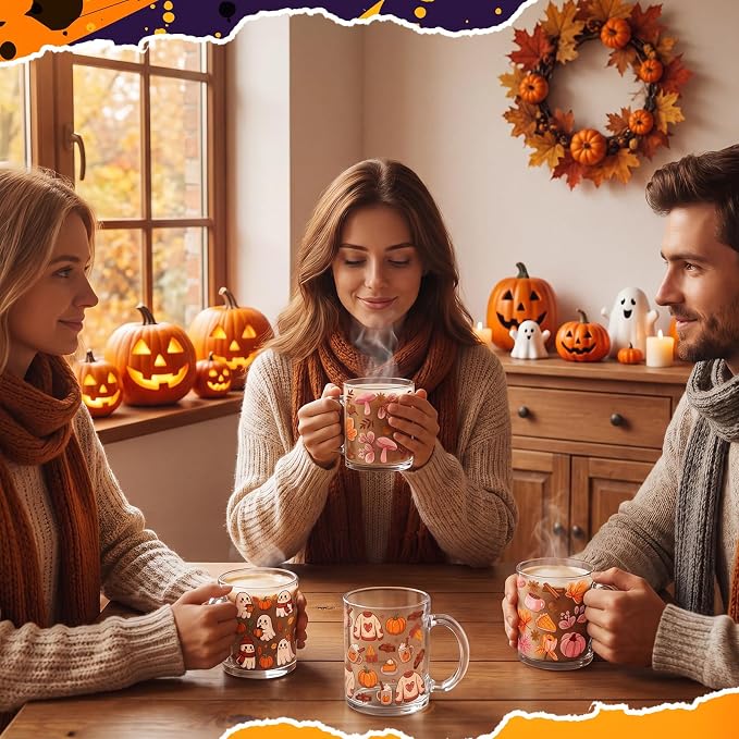 Tioncy 4 Pcs Halloween Coffee Mugs 12 oz Ghost Glass Cups with Handle Halloween Pink Pumpkin Ghost Leaves Coffee Cup Sweet Holiday Gifts Drinking Containers Party Decor - Image 4